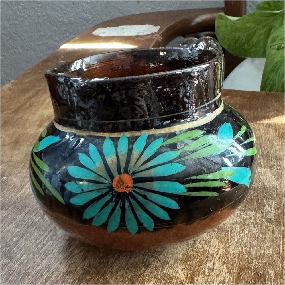 Handmade Floral Ceramic Pottery Mug Brown Blue Green Orange Glossy Finish